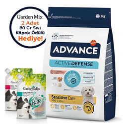 Advance - Advance Mini Sensitive Somonlu Küçük Irk Köpek Maması 3 Kg + 2 Adet Garden Mix 80 Gr Sıvı Ödül