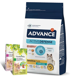 Advance - Advance Sensitive Kısırlaştırılmış Somonlu Kedi Maması 3 Kg + 2 Adet Garden Mix 5Li Kedi Kreması