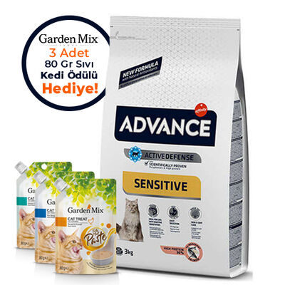 Advance Sensitive Somonlu Yetişkin Kedi Maması 3 Kg + 3 Adet Garden Mix 80 Gr Sıvı Ödül