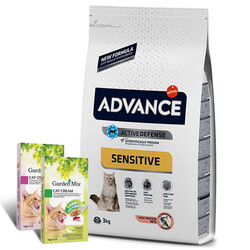 Advance - Advance Sensitive Somonlu Yetişkin Kedi Maması 3 Kg + 2 Adet Garden Mix 5Li Kedi Kreması