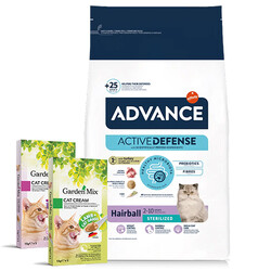 Advance - Advance Sterilised Hairball Kısırlaştırılmış Kedi Maması 3 Kg + 2 Adet Garden Mix 5Li Kedi Kreması