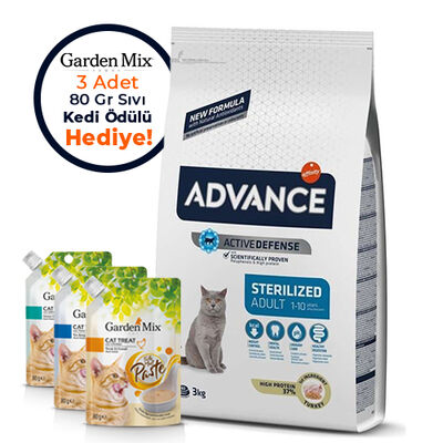 Advance Sterilized Kısırlaştırılmış Hindili Kedi Maması 3 Kg + 3 Adet Garden Mix 80 Gr Sıvı Ödül