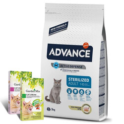 Advance - Advance Sterilized Kısırlaştırılmış Hindili Kedi Maması 3 Kg + 2 Adet Garden Mix 5Li Kedi Kreması