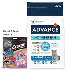 Advance - Advance Sterilized Kısırlaştırılmış Hindili Kedi Maması 3 Kg + Crocus Karışık Kedi Ödülü 30x15 Gr