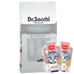 Dr.Sacchi - Dr. Sacchi Düşük Tahıllı Somon ve Ton Kısırlaştırılmış Kedi Maması 10 Kg + 2 Adet Wanpy Çorba 50 Gr