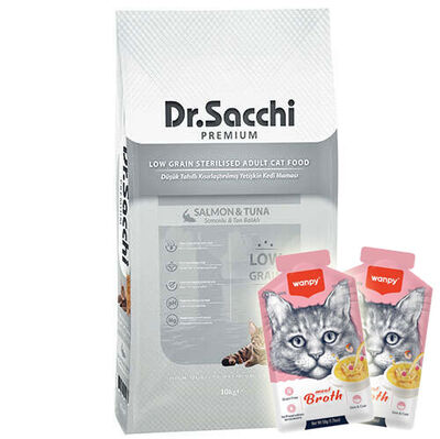 Dr. Sacchi Düşük Tahıllı Somon ve Ton Kısırlaştırılmış Kedi Maması 10 Kg + 2 Adet Wanpy Çorba 50 Gr