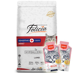 Felicia - Felicia Düşük Tahıllı Yetişkin Kuzu Etli Kedi Maması 2 Kg + 2 Adet Wanpy Çorba 50 Gr