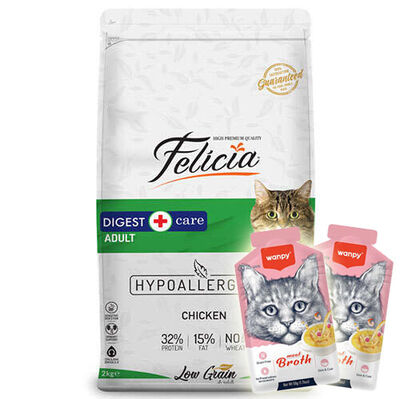 Felicia Düşük Tahıllı Yetişkin Tavuk Etli Kedi Maması 2 Kg + 2 Adet Wanpy Çorba 50 Gr