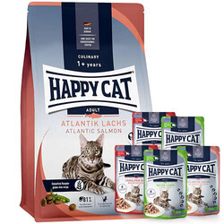 Happy Cat - Happy Cat Atlantic Lachs Somonlu Kedi Maması 10 Kg + 5 Adet Happy Cat Yaş Mama 85 Gr