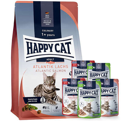 Happy Cat Atlantic Lachs Somonlu Kedi Maması 10 Kg + 5 Adet Happy Cat Yaş Mama 85 Gr