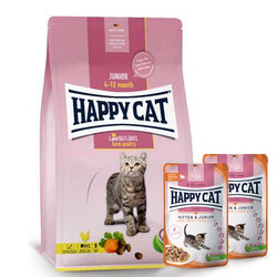 Happy Cat - Happy Cat Junior Kümes Hayvanlı Yavru Kedi Maması 4 Kg + 2 Adet Happy Cat Yaş Mama 85 Gr