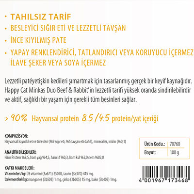 Happy Cat Minkas Duo Sığır Etli ve Tavşanlı Kedi Yaş Maması 100 Gr