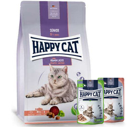 Happy Cat - Happy Cat Senior Atlantik Salmon 8 Yaş ve Üzeri Yaşlı Kedi Maması 4 Kg + 2 Adet Happy Cat Yaş Mama 85 Gr