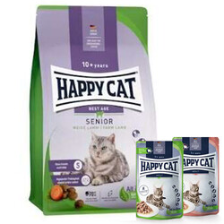 Happy Cat - Happy Cat Senior Kuzu Etli 10 Yaş ve Üzeri Yaşlı Kedi Maması 4 Kg + 2 Adet Happy Cat Yaş Mama 85 Gr