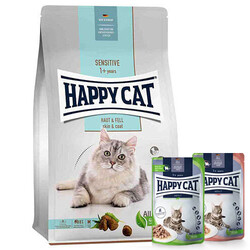 Happy Cat - Happy Cat Skin & Coat Deri ve Tüy Sağlığı Kedi Maması 4 Kg + 2 Adet Happy Cat Yaş Mama 85 Gr