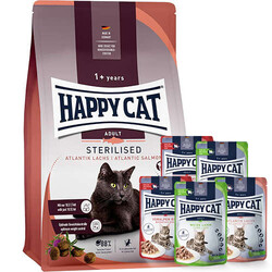 Happy Cat - Happy Cat Sterilised Atlantic Somon Kısırlaştırılmış Kedi Maması 10 Kg + 5 Adet Happy Cat Yaş Mama 85 Gr