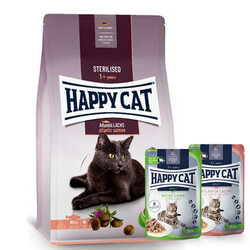 Happy Cat - Happy Cat Sterilised Atlantic Somon Kısırlaştırılmış Kedi Maması 4 Kg + 2 Adet Happy Cat Yaş Mama 85 Gr