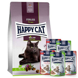 Happy Cat - Happy Cat Sterilised Kuzu Kısırlaştırılmış Kedi Maması 10 Kg + 5 Adet Happy Cat Yaş Mama 85 Gr