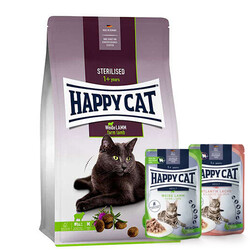 Happy Cat - Happy Cat Sterilised Kuzu Kısırlaştırılmış Kedi Maması 4 Kg + 2 Adet Happy Cat Yaş Mama 85 Gr