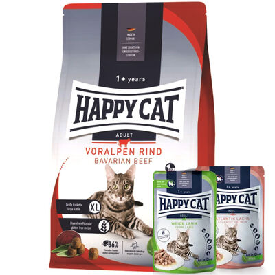 Happy Cat Voralpen Rind Biftekli Kedi Maması 4 Kg + 2 Adet Happy Cat Yaş Mama 85 Gr