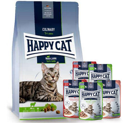 Happy Cat - Happy Cat Culinary Weide Lamm Kuzu Etli Kedi Maması 10 Kg + 5 Adet Happy Cat Yaş Mama 85 Gr