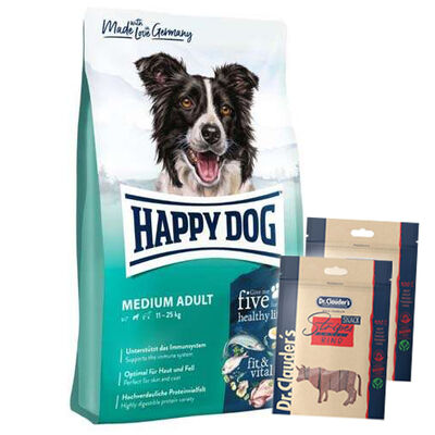 Happy Dog Fit & Vital Medium Orta Irk Köpek Maması 12 Kg + 2 Adet Dr.Clauders Biftekli Ödül 80 Gr