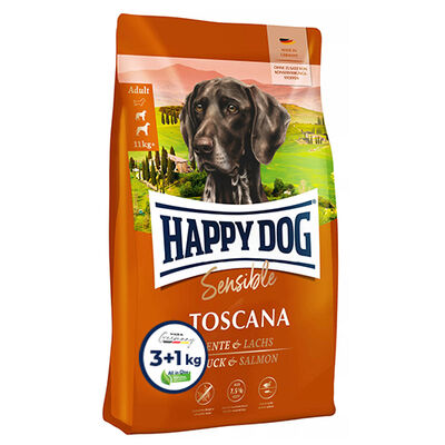 Happy Dog Toscana Ördek ve Somonlu Köpek Maması 3 + 1 Kg + Dr.Clauders Köpek Ödülü 80 Gr