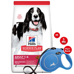 Hills - Hills Medium Kuzulu Yetişkin Köpek Maması 14 Kg + Flexi Medium Gezdirme Kayışı Mavi 5 Mt