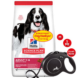 Hills - Hills Medium Kuzulu Yetişkin Köpek Maması 12 + 2 Kg (Toplam 14 Kg) + Flexi Medium Gezdirme Kayışı Siyah 5 Mt