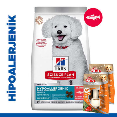 Hills Hypoallergenic Somonlu Küçük ve Mini Irk Köpek Maması 6 Kg + 2 Adet 8in1 Köpek Ödül Kemiği