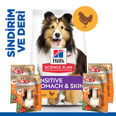 Hills Sensitive Stomach Skin Tavuklu Yetişkin Köpek Maması 14 Kg + 4 Adet 8in1 Köpek Ödül Kemiği