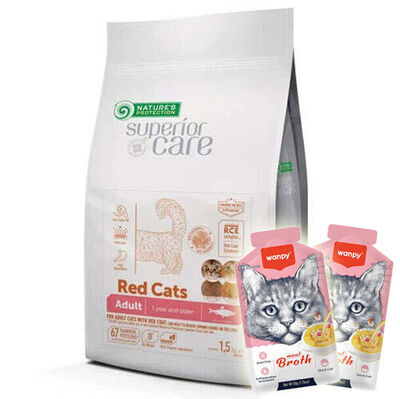 Natures Protection Red Cat Kızıl Tüylü Kedi Maması 1,5 Kg + 2 Adet Wanpy Çorba 50 Gr