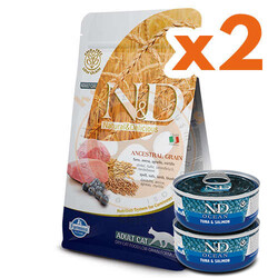 N&D (Naturel&Delicious) - ND Düşük Tahıllı Kuzu Yaban Mersini Kedi Maması 1,5 Kg x 2 Adet + ND Ocean 70 Gr Yaş Mama