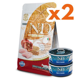 N&D (Naturel&Delicious) - ND Düşük Tahıllı Tavuk Nar Kedi Maması 1,5 Kg x 2 Adet + ND Ocean 70 Gr Yaş Mama