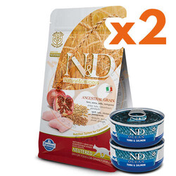 N&D (Naturel&Delicious) - ND Düşük Tahıllı Tavuk Nar Kısırlaştırılmış Kedi Maması 1,5 Kg x 2 Adet + ND Ocean 70 Gr Yaş Mama