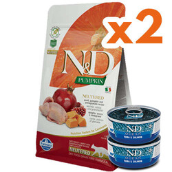 N&D (Naturel&Delicious) - ND Tahılsız Bıldırcın ve Narlı Kısırlaştırılmış Kedi Maması 1,5 Kg x 2 Adet + ND Ocean 70 Gr Yaş Mama