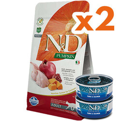 N&D (Naturel&Delicious) - ND Tahılsız Bıldırcın Nar ve Balkabaklı Kedi Maması 1,5 Kg x 2 Adet + ND Ocean 70 Gr Yaş Mama