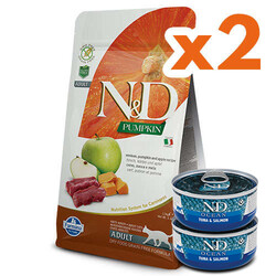 N&D (Naturel&Delicious) - ND Tahılsız Geyikli Bal Kabaklı ve Elmalı Kedi Maması 1,5 Kg x 2 Adet + ND Ocean 70 Gr Yaş Mama