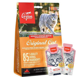 Orijen - Orijen Original Cat Tahılsız Yavru/Yetişkin Kedi Maması 1,8 Kg + 2 Adet Wanpy Çorba 50 Gr