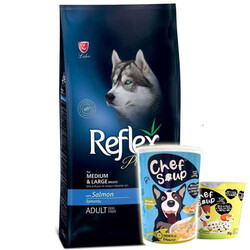 Reflex - Reflex Plus Somonlu Orta ve Büyük Irk Köpek Maması 3 Kg + 2 Adet Chef Soup Çorba Ödül