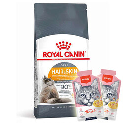 Royal Canin - Royal Canin Hair Skin Hassas Tüylü Kedi Maması 4 Kg + 2 Adet Wanpy Çorba 50 Gr