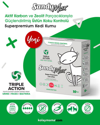 Sandy Max Triple Action Aktif Karbonlu Tozsuz Topaklanan Bentonit Kedi Kumu 10 Lt