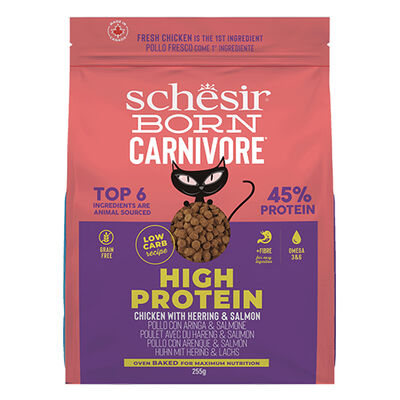 Schesir Born Carnivore Tavuklu Somonlu ve Ringa Balıklı Tahılsız Kedi Maması 255 Gr