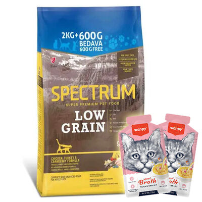 Spectrum Low Grain Tavuk Hindi ve Kızılcıklı Kedi Maması 2 Kg + 600 Gr + 2 Adet Wanpy Çorba 50 Gr