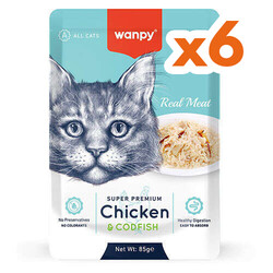 Wanpy - Wanpy Super Premium Pouch Tavuklu ve Morina Balıklı Yaş Kedi Maması 85 Gr x 6 Adet